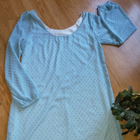 SOLDPeach Love Cream Shift Dress Medium Blue Thin Pastel Long Sleeves Sheer Line - Picture 3 of 5